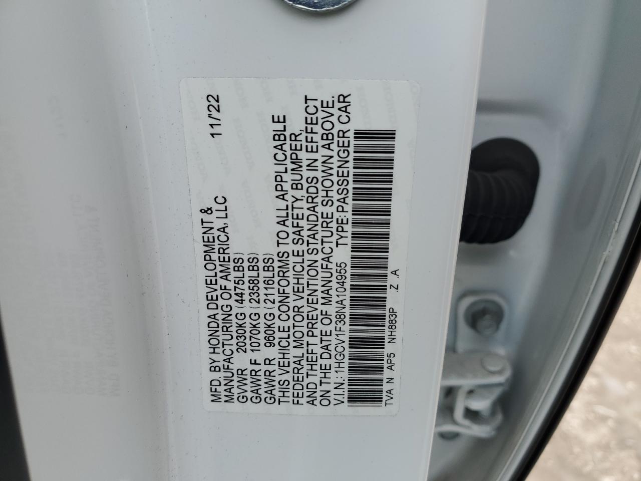 2022 HONDA ACCORD SPORT VIN:1HGCV1F38NA104955