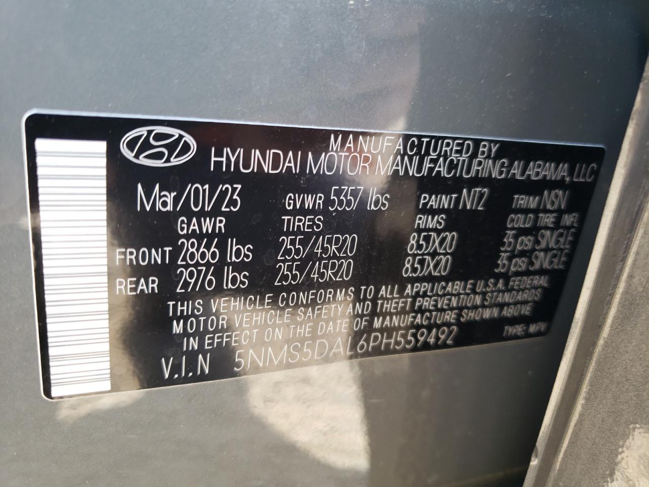 2023 HYUNDAI SANTA FE CALLIGRAPHY VIN:5NMS5DAL6PH559492