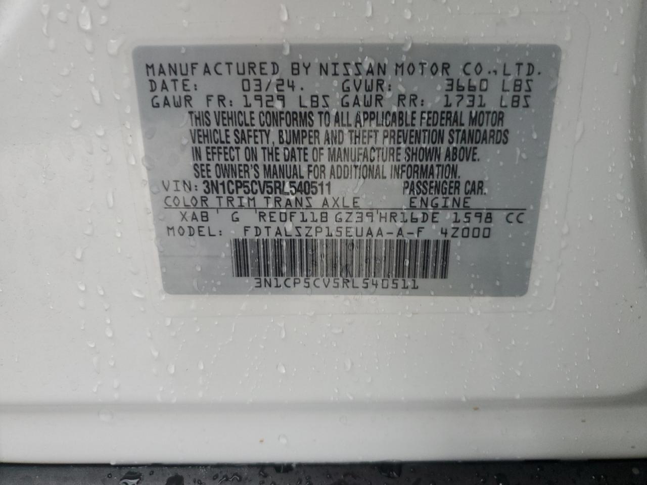 2024 NISSAN KICKS SV VIN:3N1CP5CV5RL540511