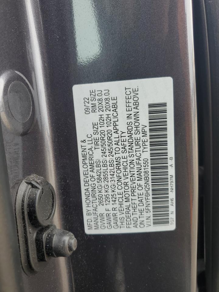 2022 HONDA PILOT SE VIN:5FNYF6H25NB081550