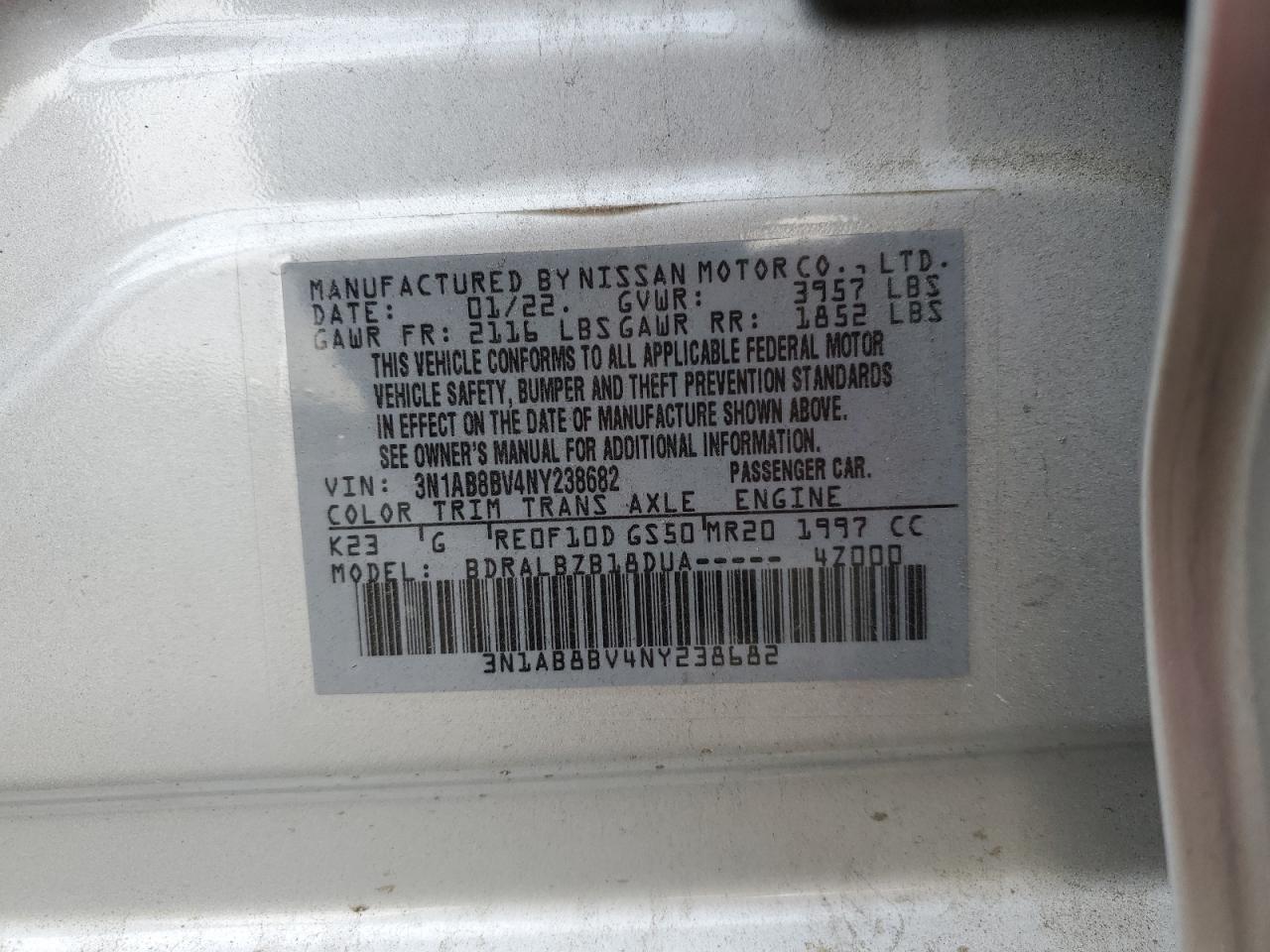 2022 NISSAN SENTRA S VIN:3N1AB8BV4NY238682