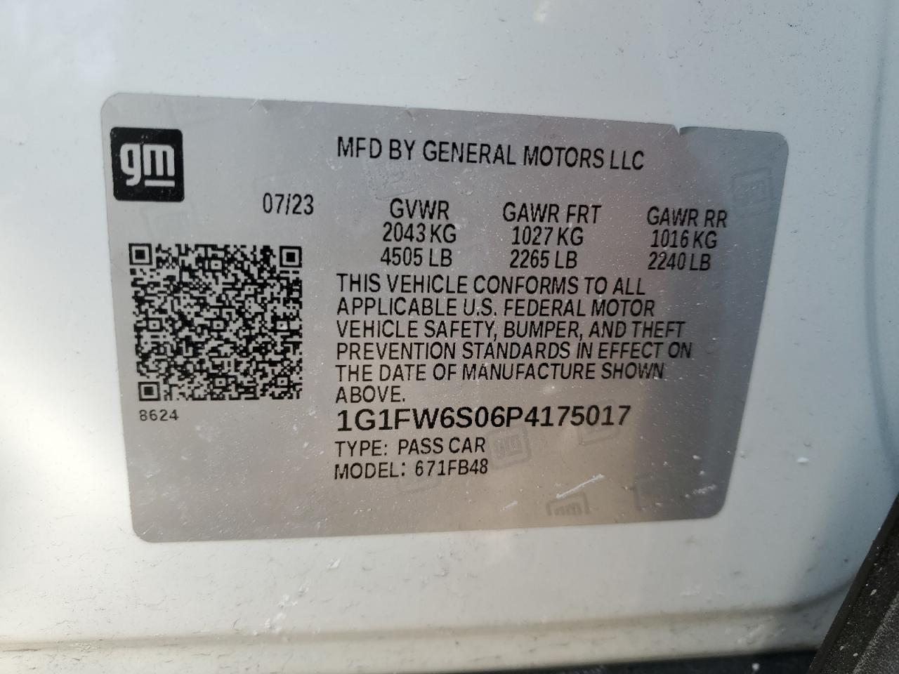 2023 CHEVROLET BOLT EV 1LT VIN:1G1FW6S06P4175017