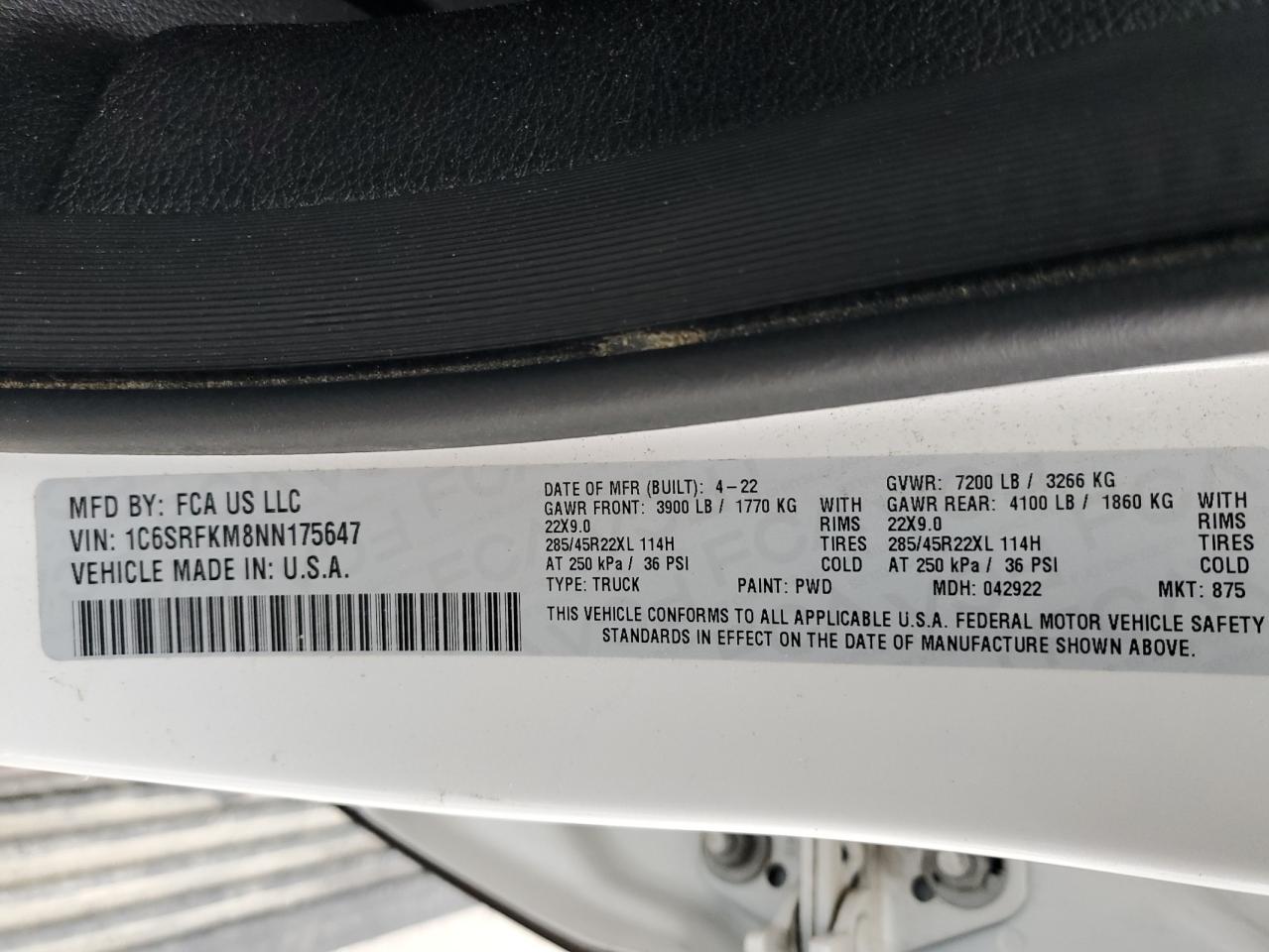 2022 RAM 1500 LONGHORN VIN:1C6SRFKM8NN175647
