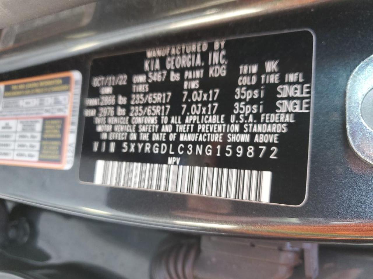 2022 KIA SORENTO LX VIN:5XYRGDLC3NG159872