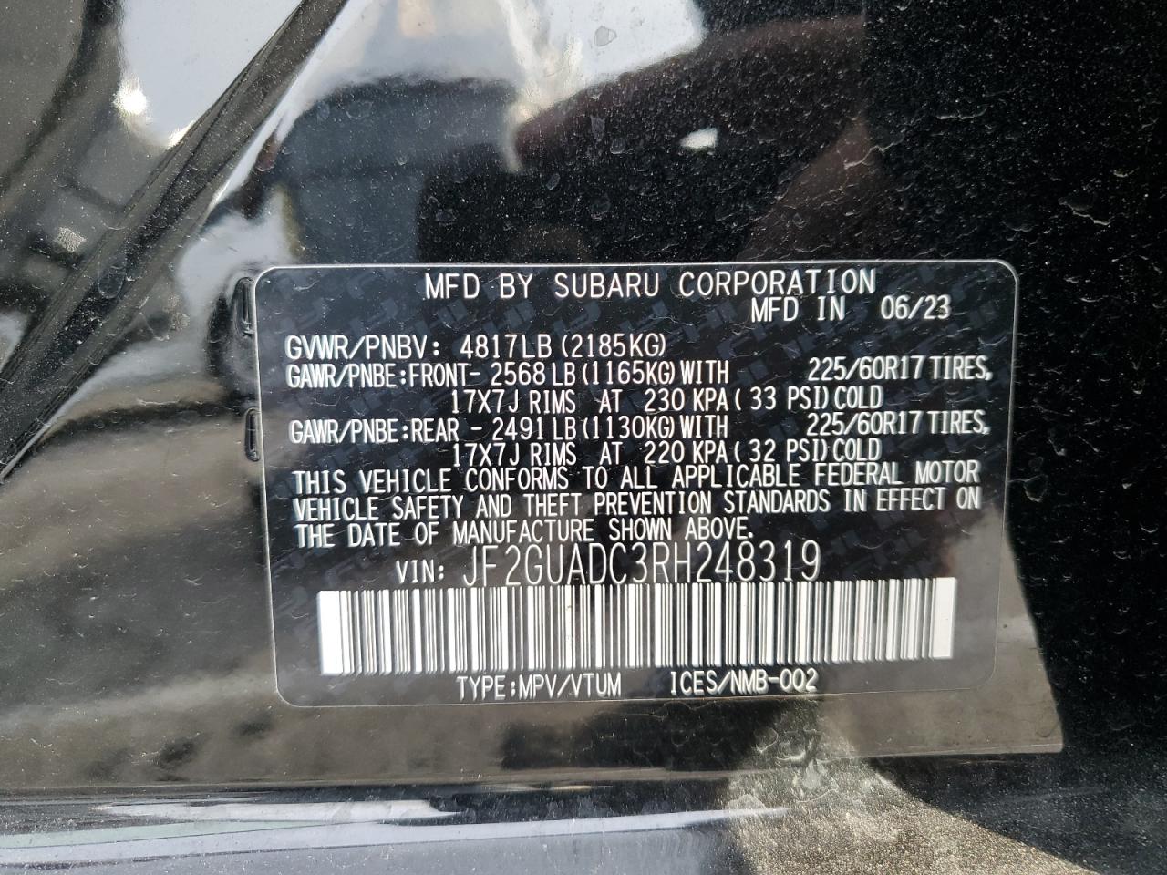 2024 SUBARU CROSSTREK PREMIUM VIN:1HGCV3F97MA009639