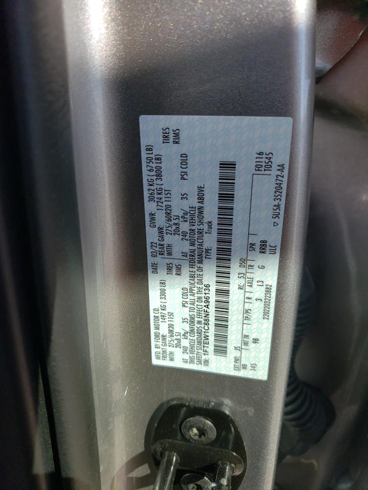 2022 FORD F150 SUPERCREW VIN:1FTEW1C88NFA96136
