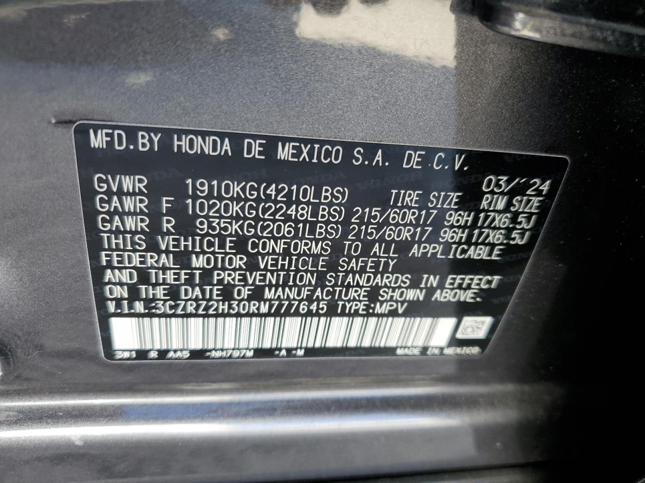 2024 HONDA HR-V LX VIN:3CZRZ2H30RM777645