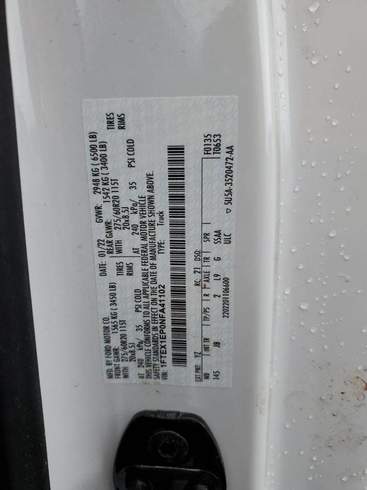 2022 FORD F150 SUPER CAB VIN:1FTEX1EP0NFA41102