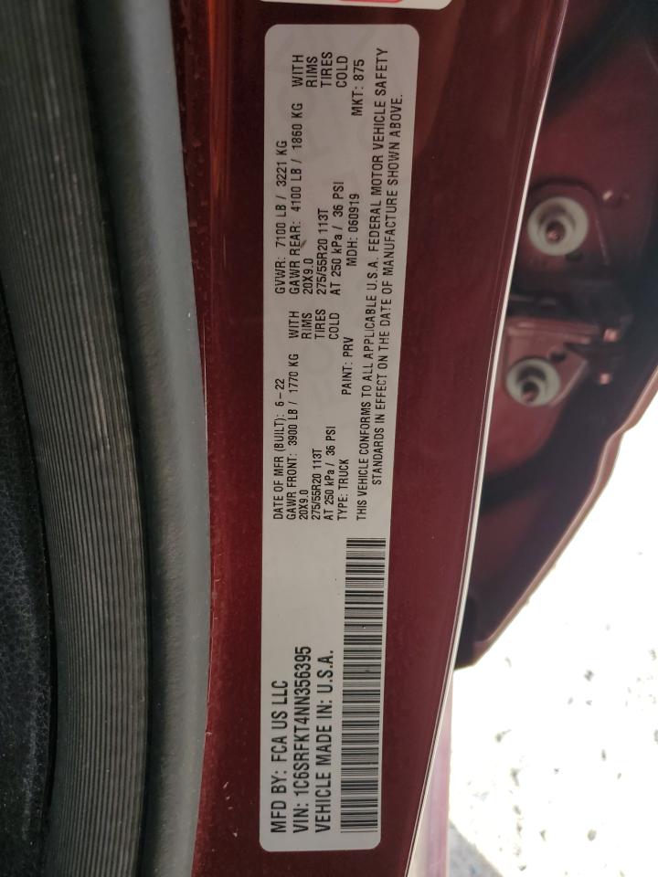 2022 RAM 1500 LONGHORN VIN:1C6SRFKT4NN356395