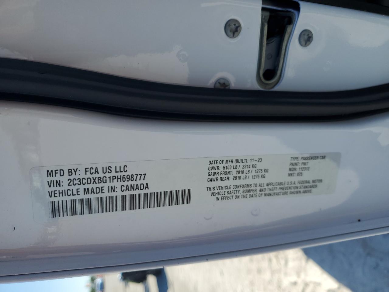 2023 DODGE CHARGER SXT VIN:2C3CDXBG1PH698777