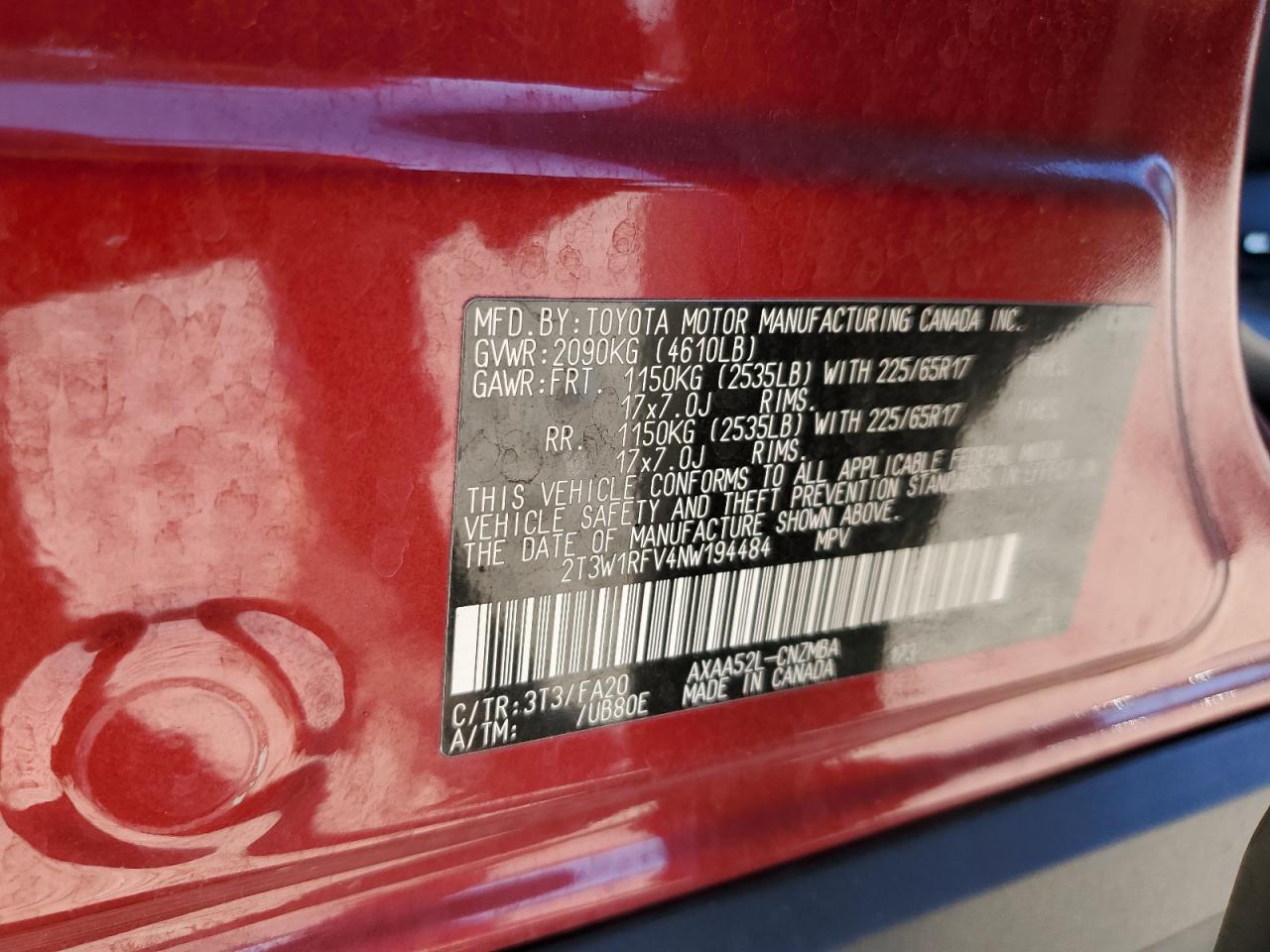 2022 TOYOTA RAV4 XLE VIN:2T3W1RFV4NW194484