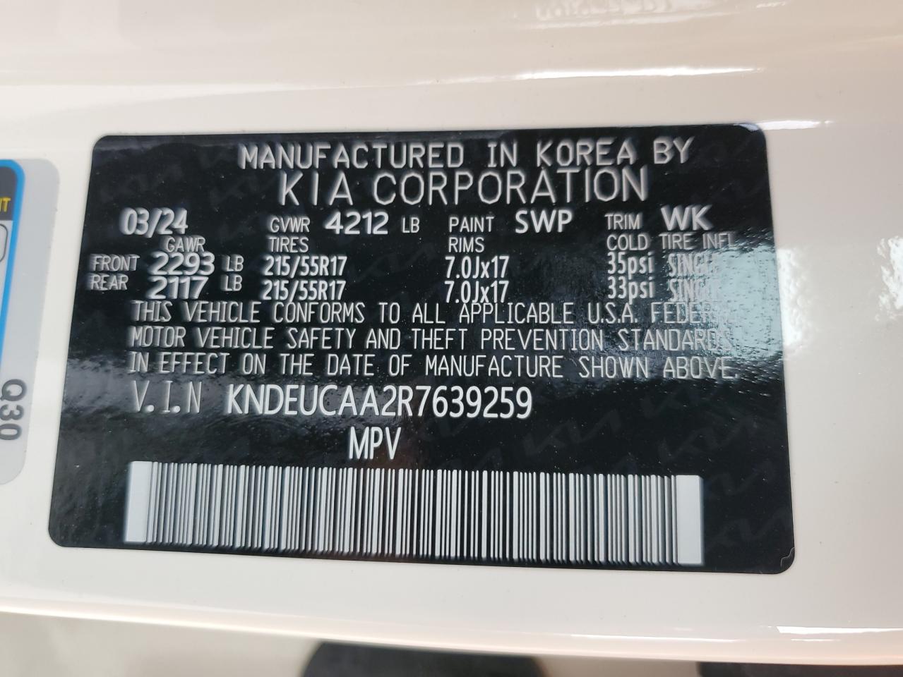 2024 KIA SELTOS S VIN:KNDEUCAA2R7639259