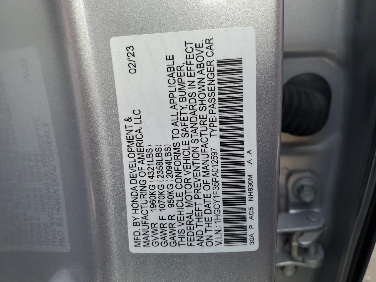 2023 HONDA ACCORD EX VIN:1HGCY1F35PA012597