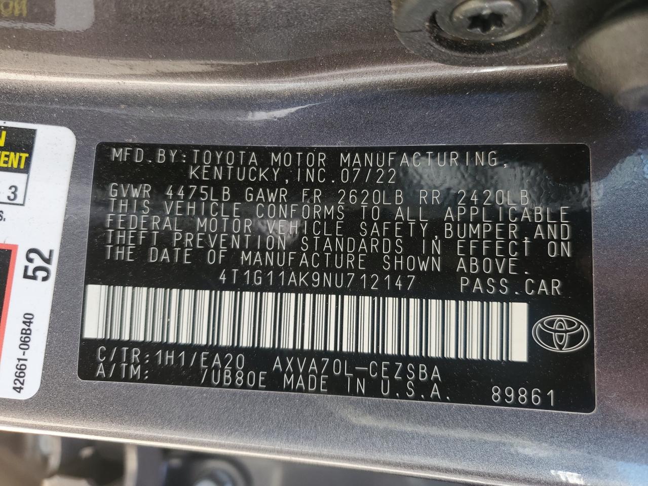 2022 TOYOTA CAMRY SE VIN:4T1G11AK9NU712147