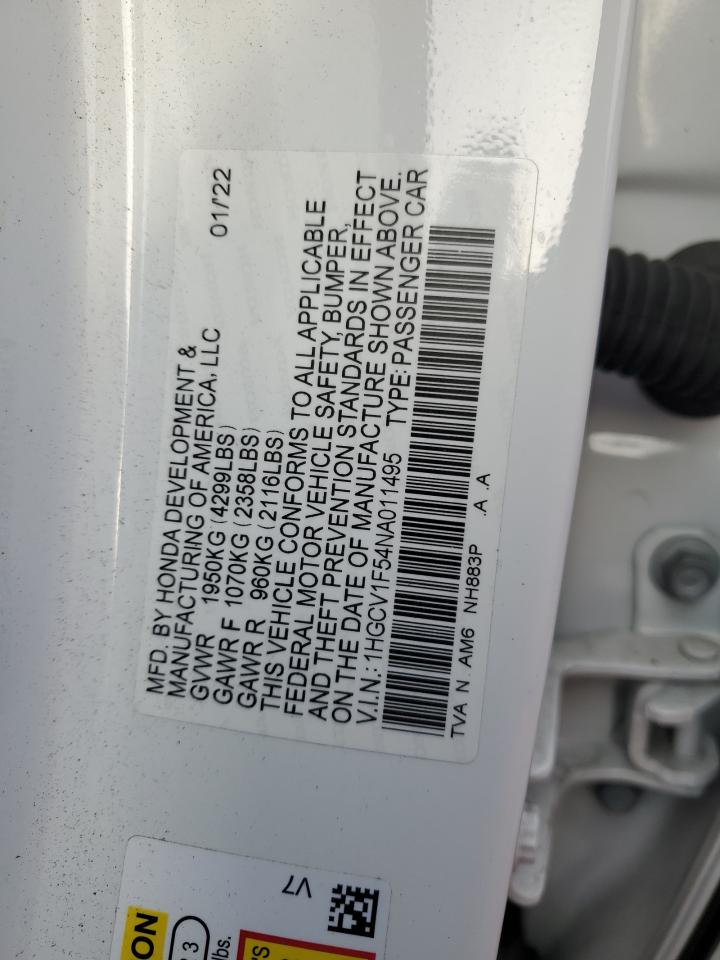 2022 HONDA ACCORD EXL VIN:1HGCV1F54NA011495