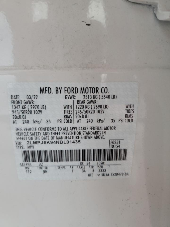 2022 LINCOLN NAUTILUS RESERVE VIN:2LMPJ6K94NBL01435