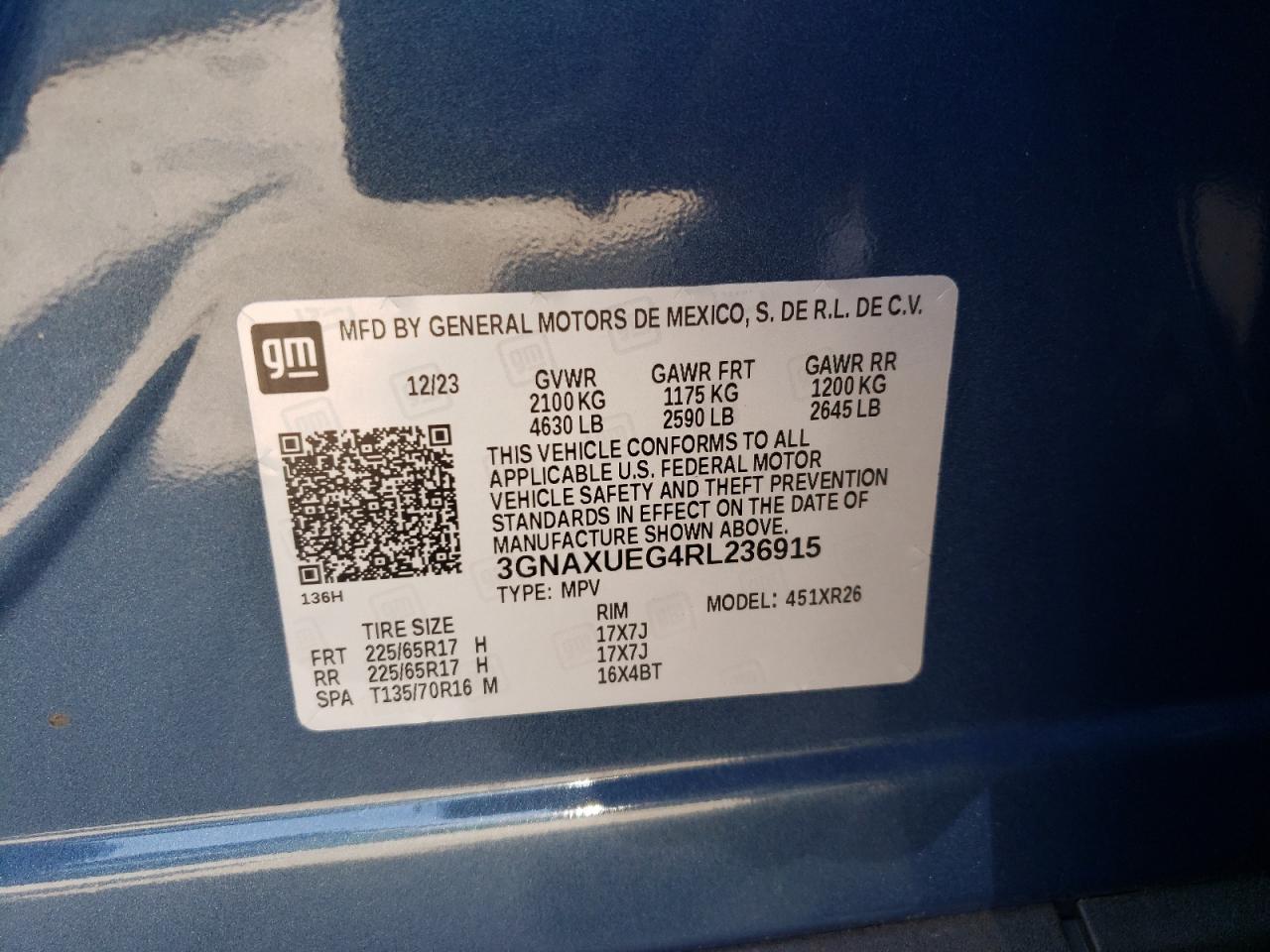 2024 CHEVROLET EQUINOX LT VIN:3GNAXUEG4RL236915