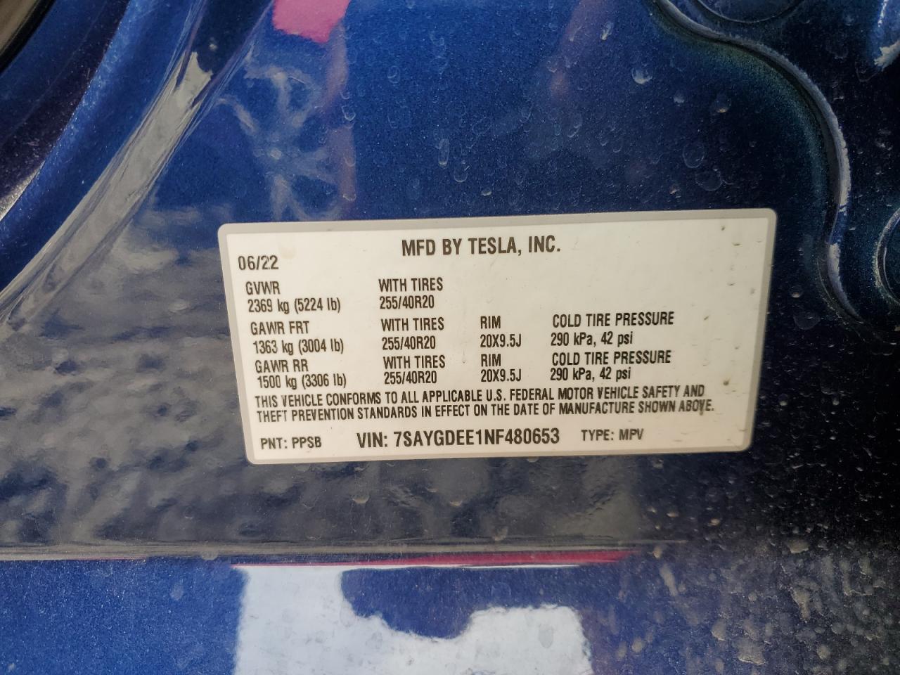 2022 TESLA MODEL Y  VIN:7SAYGDEE1NF480653