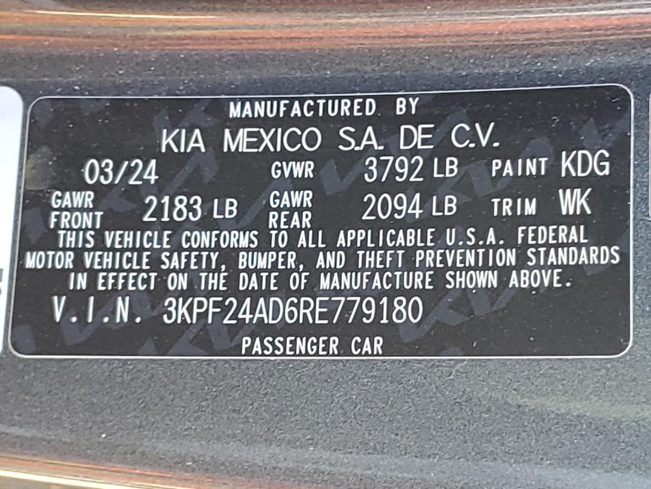 2024 KIA FORTE LX VIN:3KPF24AD6RE779180