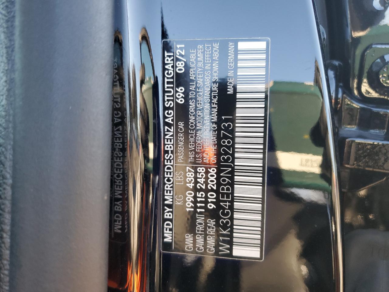 2022 MERCEDES-BENZ A 220 VIN:W1K3G4EB9NJ328731