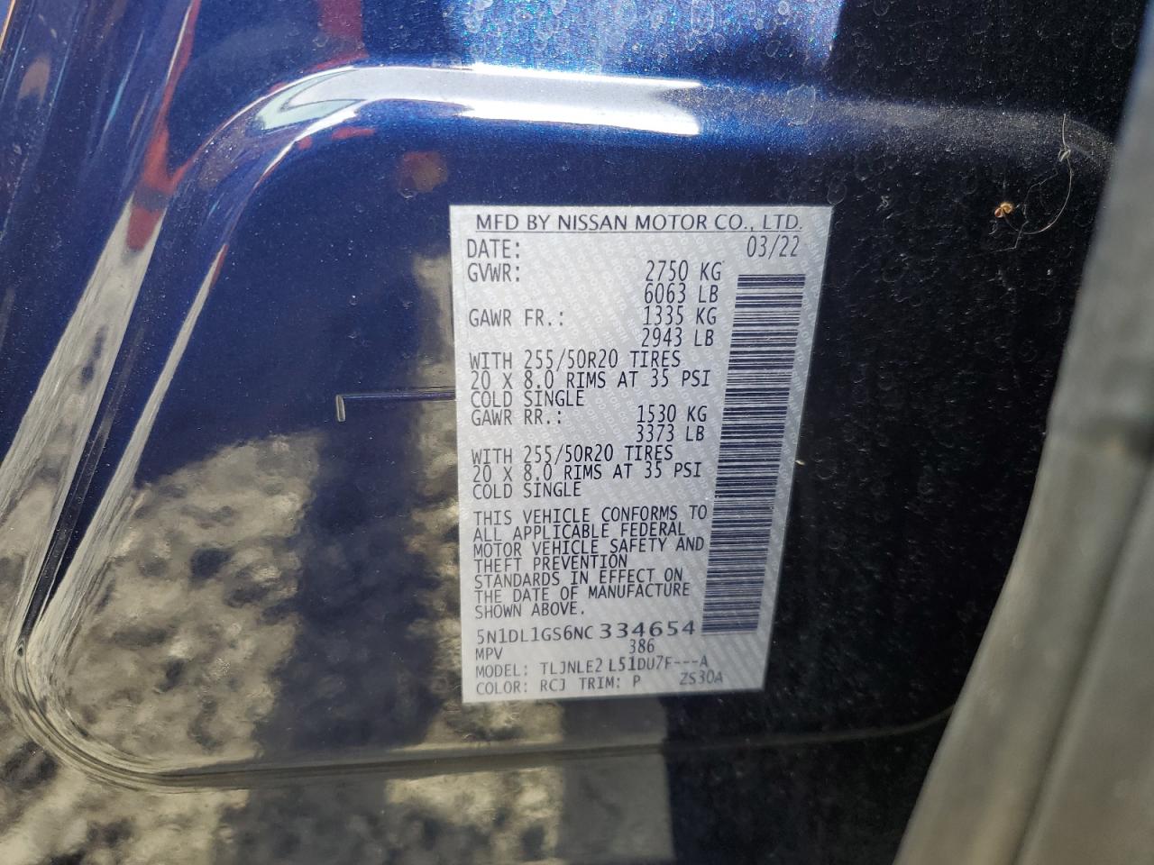 2022 INFINITI QX60 SENSORY VIN:5N1DL1GS6NC334654