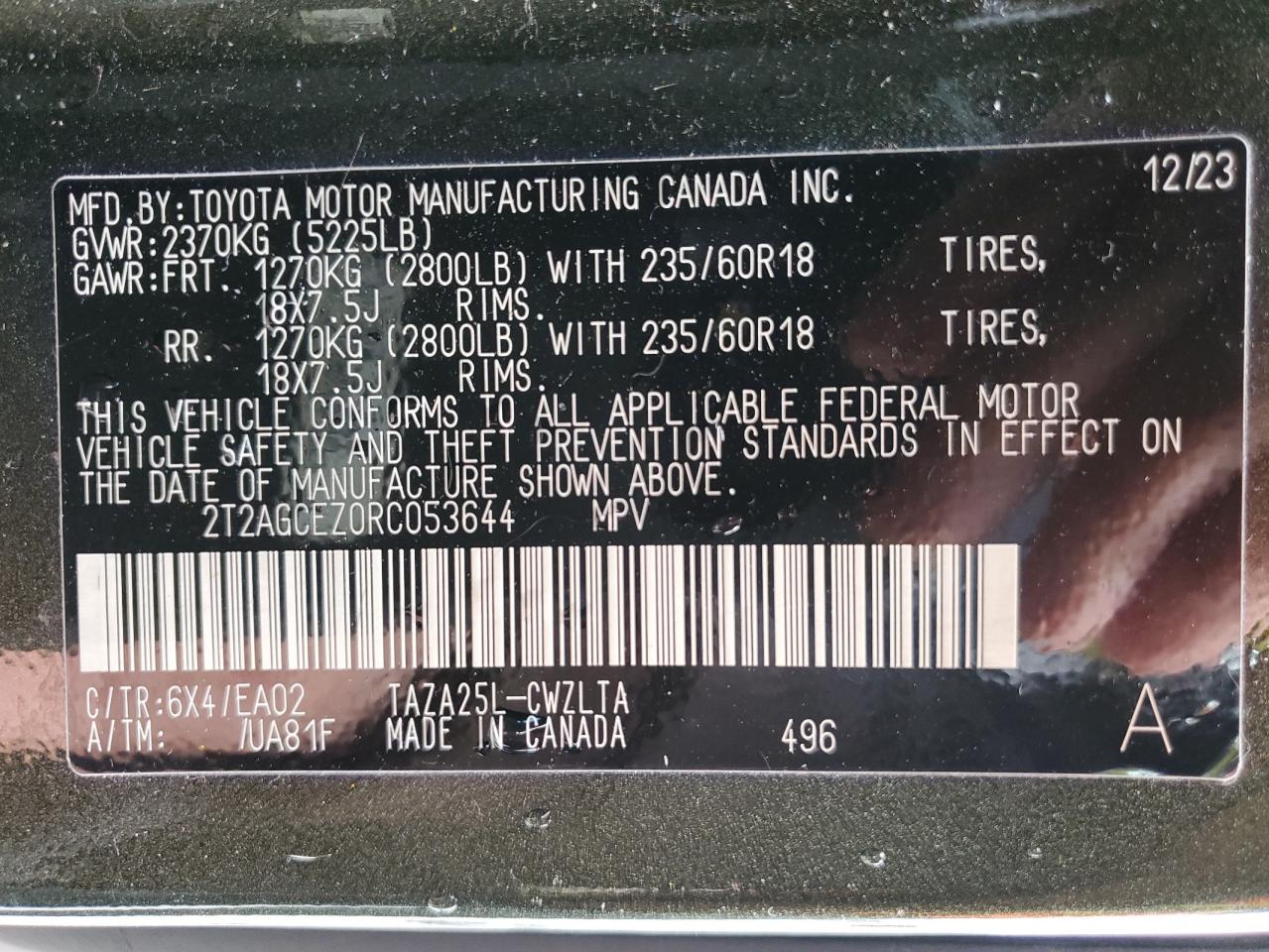 2024 LEXUS NX 350 BASE VIN:2T2AGCEZ0RC053644