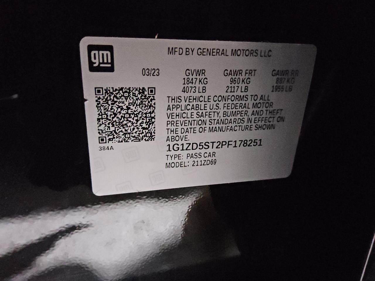 2023 CHEVROLET MALIBU LT VIN:1G1ZD5ST2PF178251