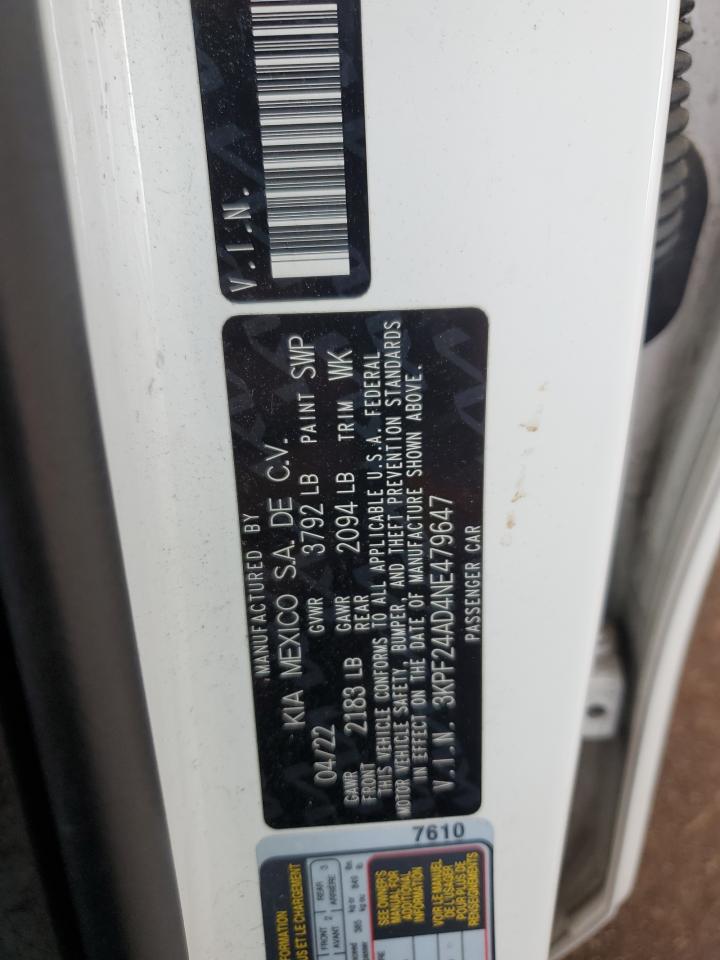 2022 KIA FORTE FE VIN:3KPF24AD4NE479647