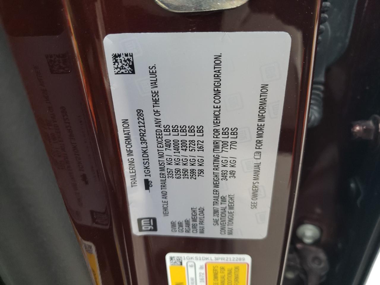 2023 GMC YUKON DENALI VIN:1GKS1DKL3PR212289