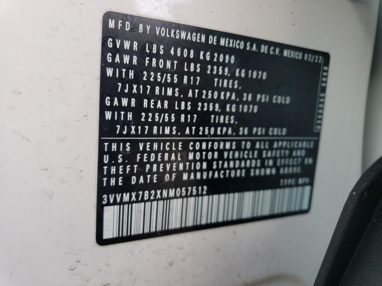 2022 VOLKSWAGEN TAOS S VIN:3VVMX7B2XNM057512