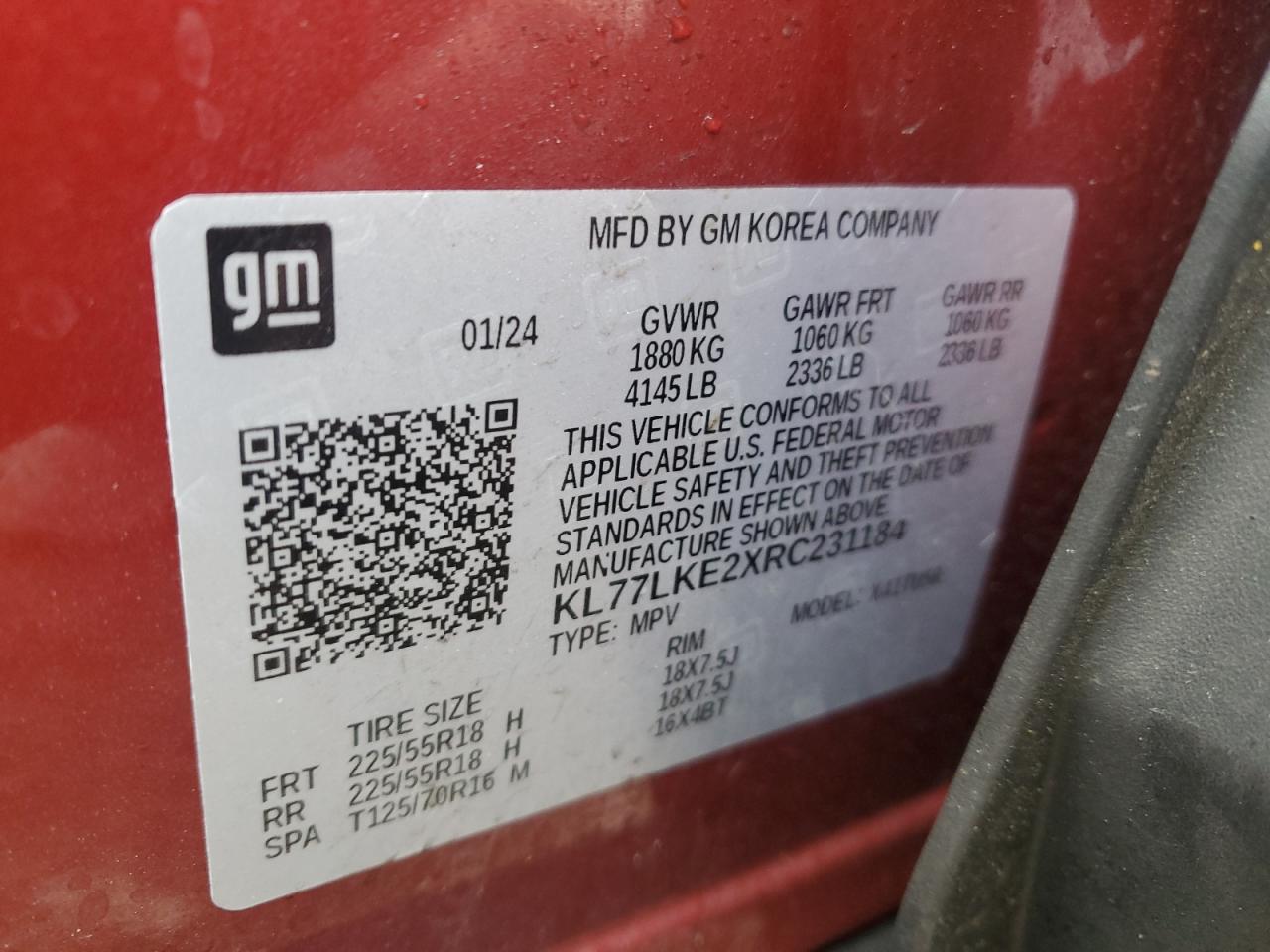 2024 CHEVROLET TRAX ACTIV VIN:KL77LKE2XRC231184