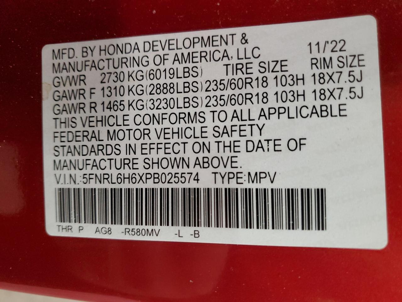2023 HONDA ODYSSEY EXL VIN:5FNRL6H6XPB025574