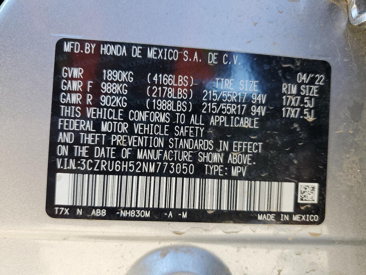 2022 HONDA HR-V EX VIN:3CZRU6H52NM773050