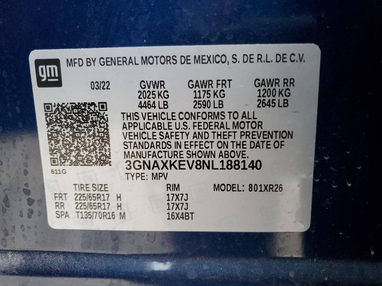 2022 CHEVROLET EQUINOX LT VIN:3GNAXKEV8NL188140