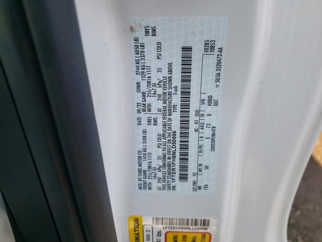 2022 FORD RANGER XL VIN:1FTER1FH8NLD50996