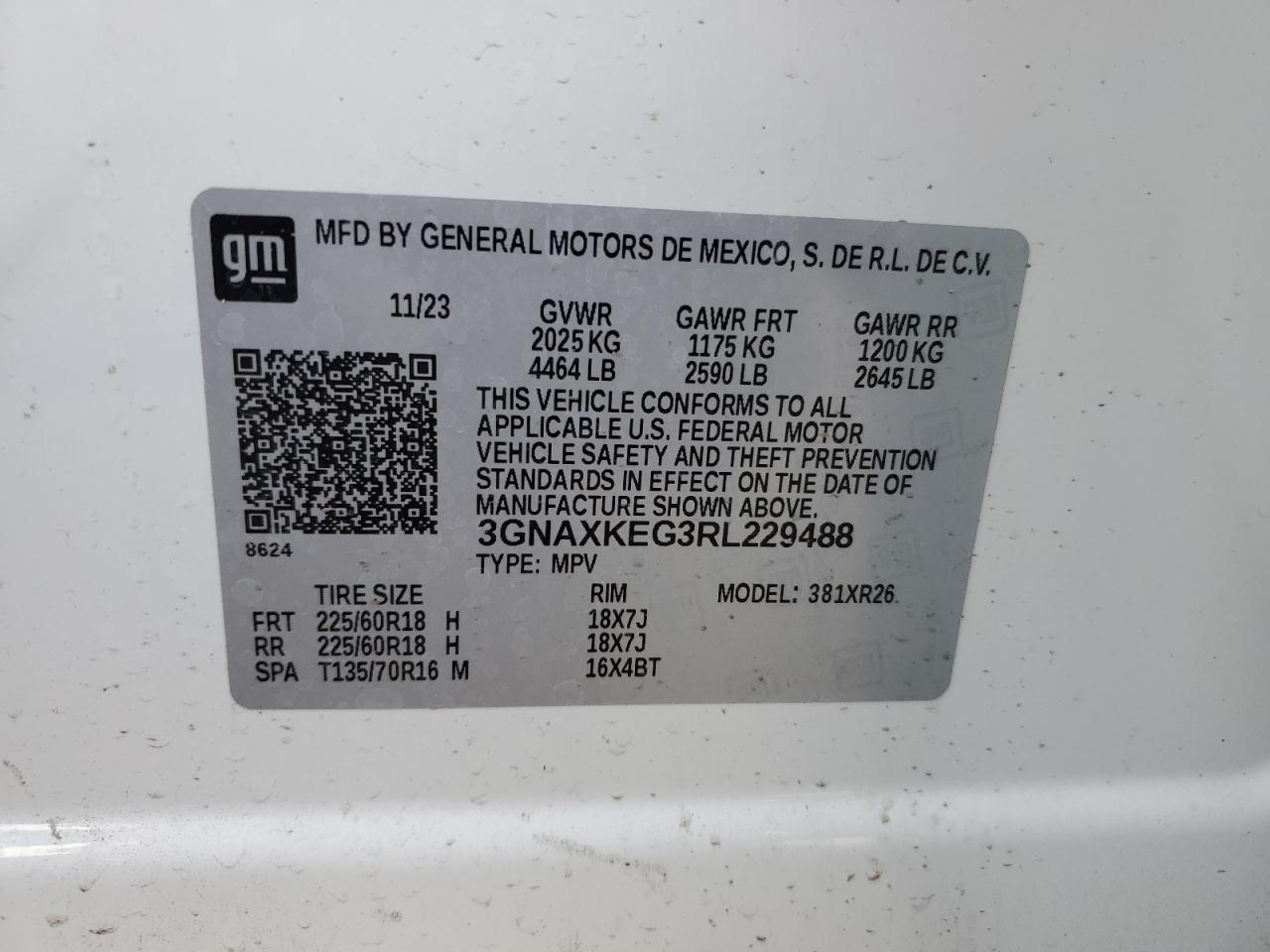 2024 CHEVROLET EQUINOX LT VIN:3GNAXKEG3RL229488