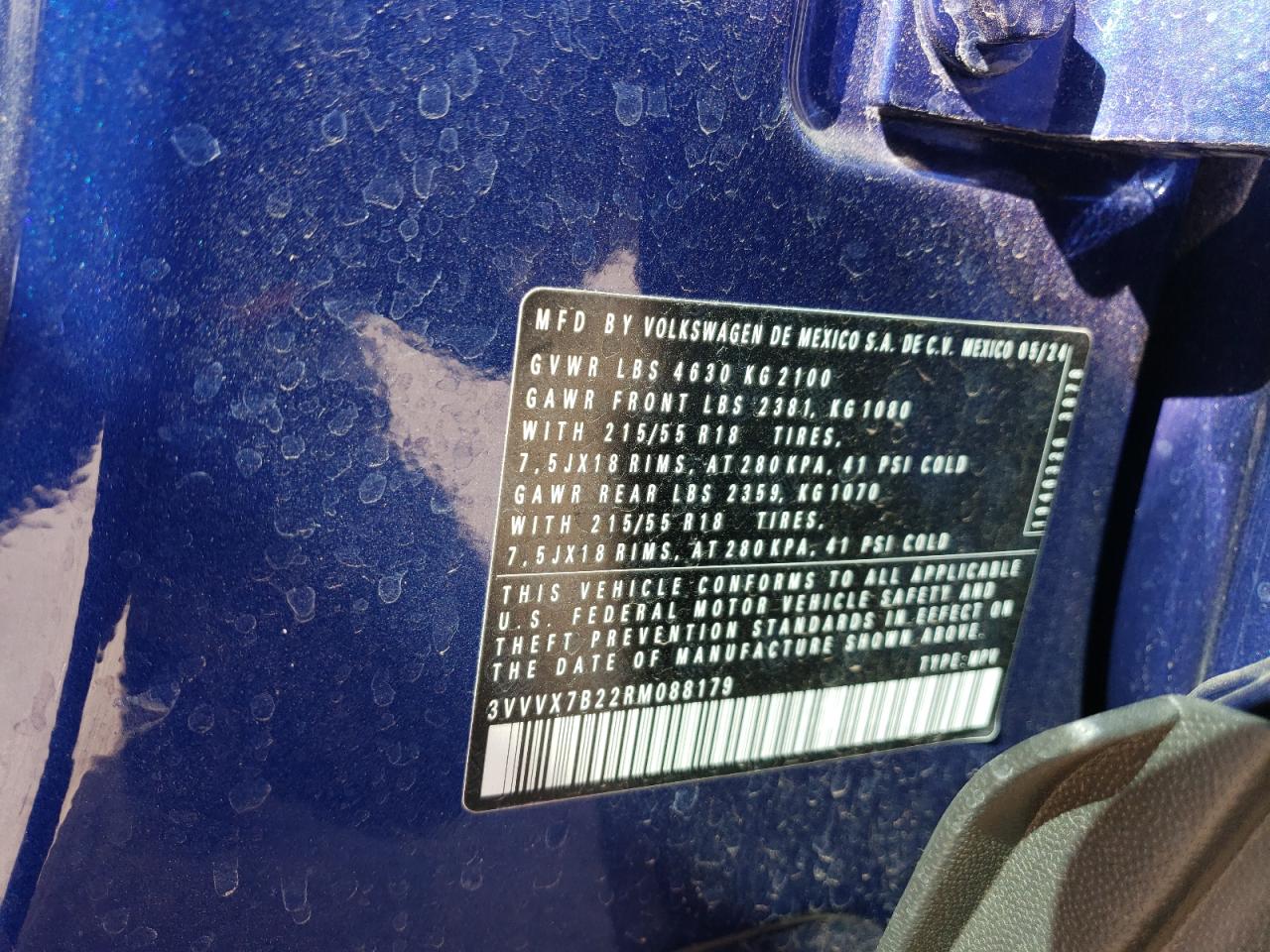 2024 VOLKSWAGEN TAOS SE VIN:3VVVX7B22RM088179