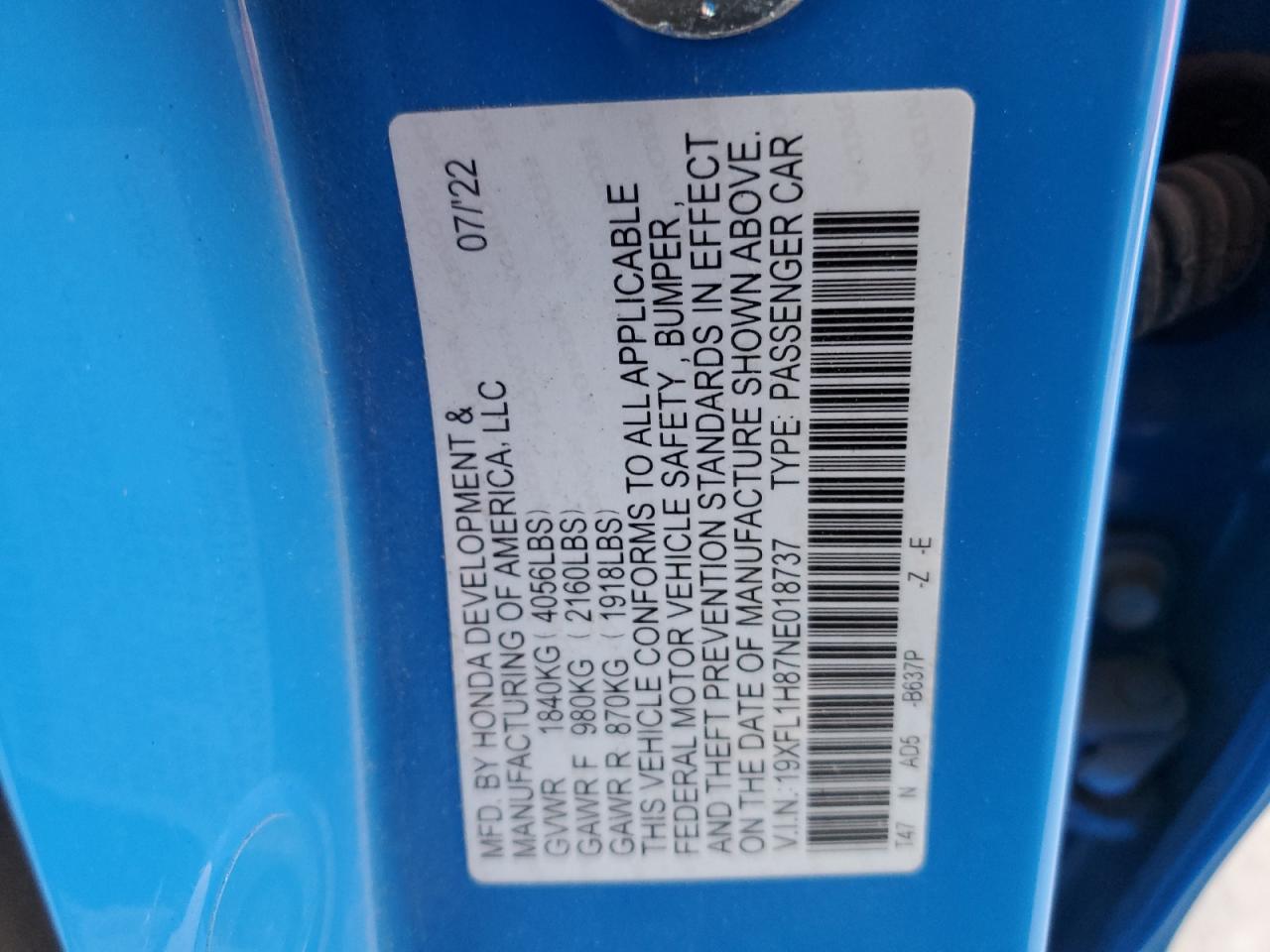 2022 HONDA CIVIC SPORT TOURING VIN:19XFL1H87NE018737