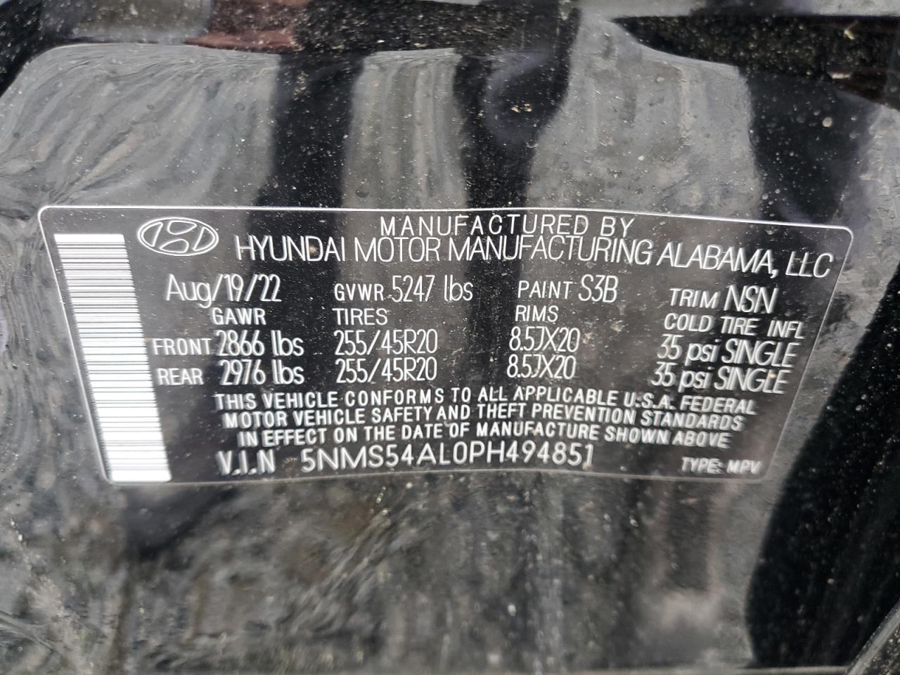 2023 HYUNDAI SANTA FE CALLIGRAPHY VIN:5NMS54AL0PH494851