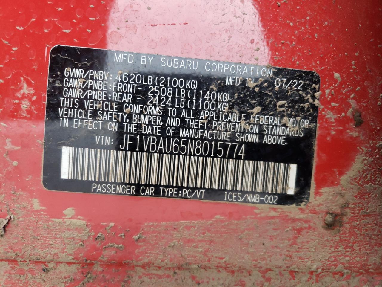 2022 SUBARU WRX GT VIN:JF1VBAU65N8015774