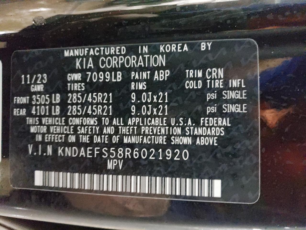 2024 KIA EV9 GT LINE VIN:KNDAEFS58R6021920