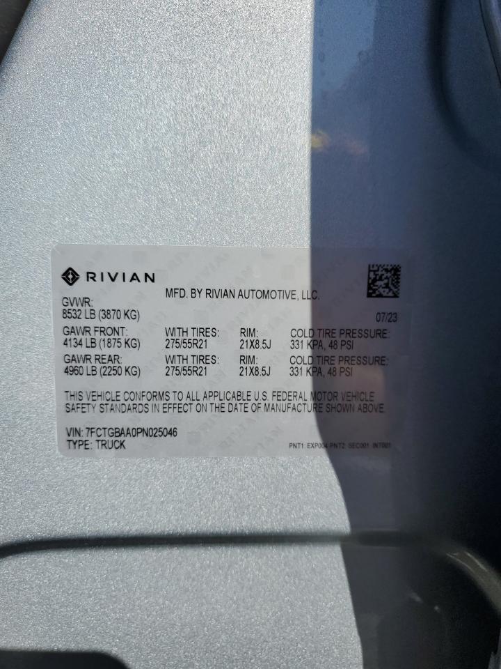 2023 RIVIAN R1T ADVENTURE VIN:7FCTGBAA0PN025046