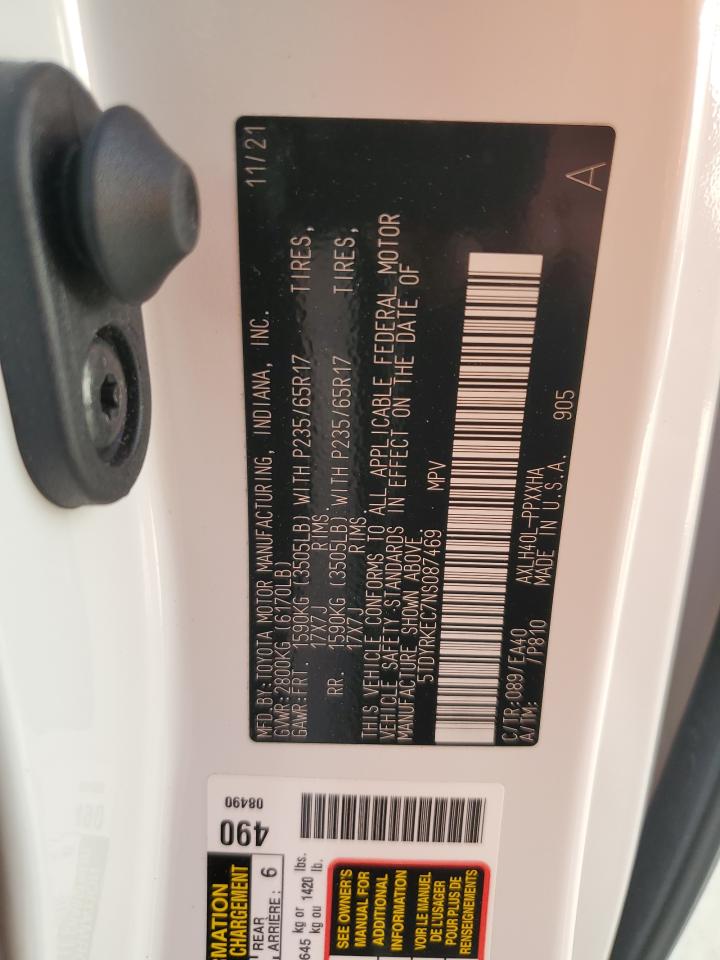 2022 TOYOTA SIENNA XLE VIN:5TDYRKEC7NS087469