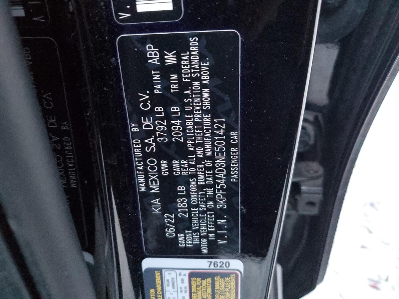 2022 KIA FORTE GT LINE VIN:3KPF54AD3NE501421