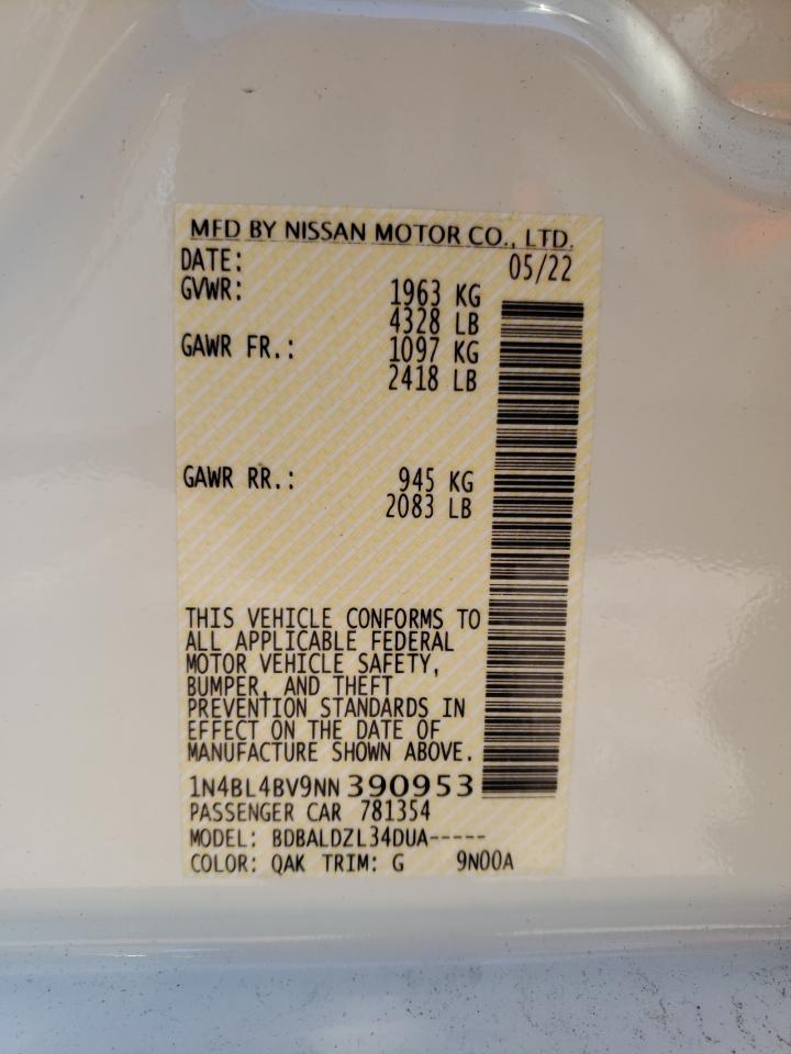 2022 NISSAN ALTIMA S VIN:1N4BL4BV9NN390953