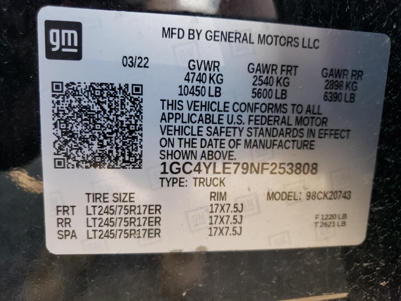 2022 CHEVROLET SILVERADO K2500 HEAVY DUTY VIN:1GC4YLE79NF253808