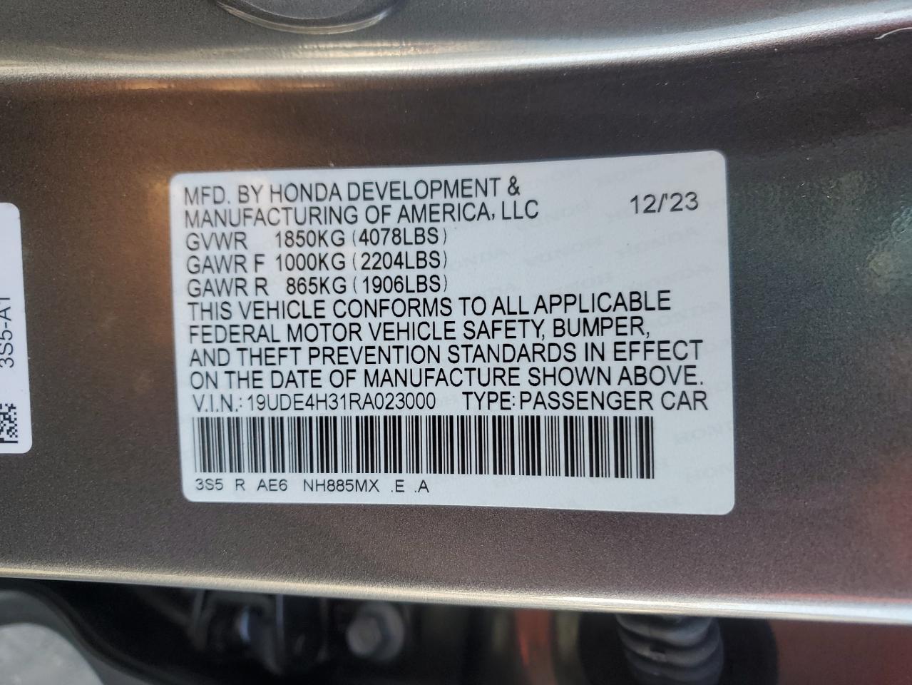 2024 ACURA INTEGRA A-SPEC VIN:19UDE4H31RA023000