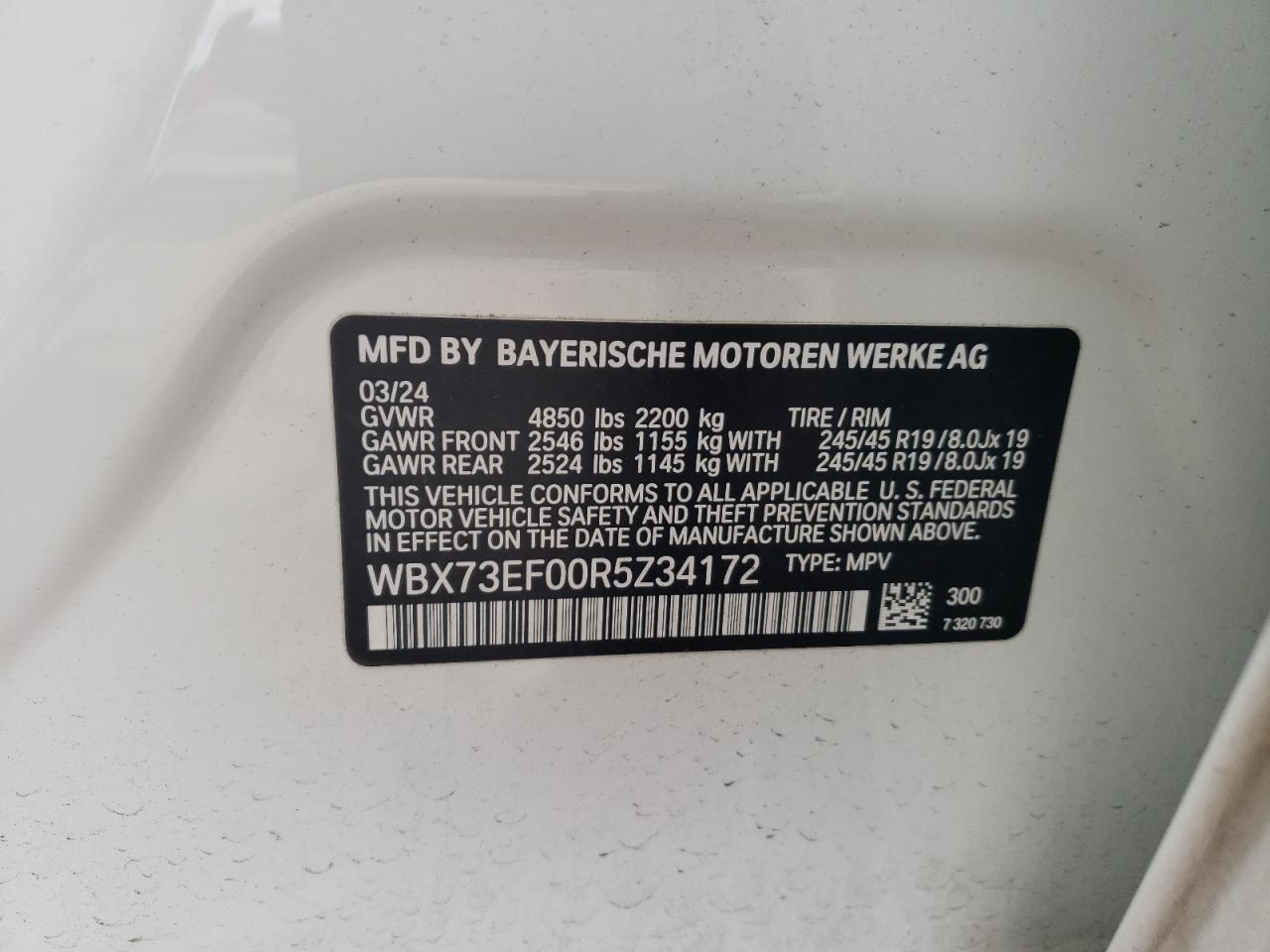 2024 BMW X1 XDRIVE28I VIN:WBX73EF00R5Z34172