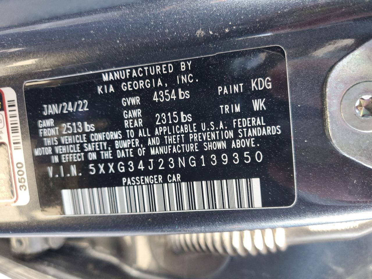 2022 KIA K5 EX VIN:5XXG34J23NG139350