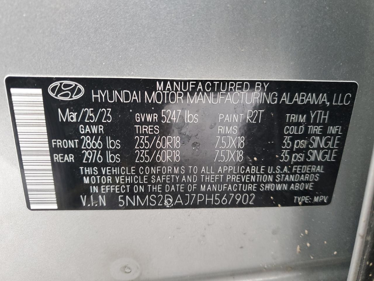 2023 HYUNDAI SANTA FE SEL VIN:5NMS2DAJ7PH567902